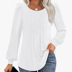 3 Womens Tunic Tops Pleated Crew Neck Puff Sleeve Blouses Dressy Casual